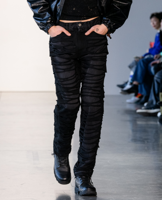 Double Layer Cut-out Wide Jeans (Black)