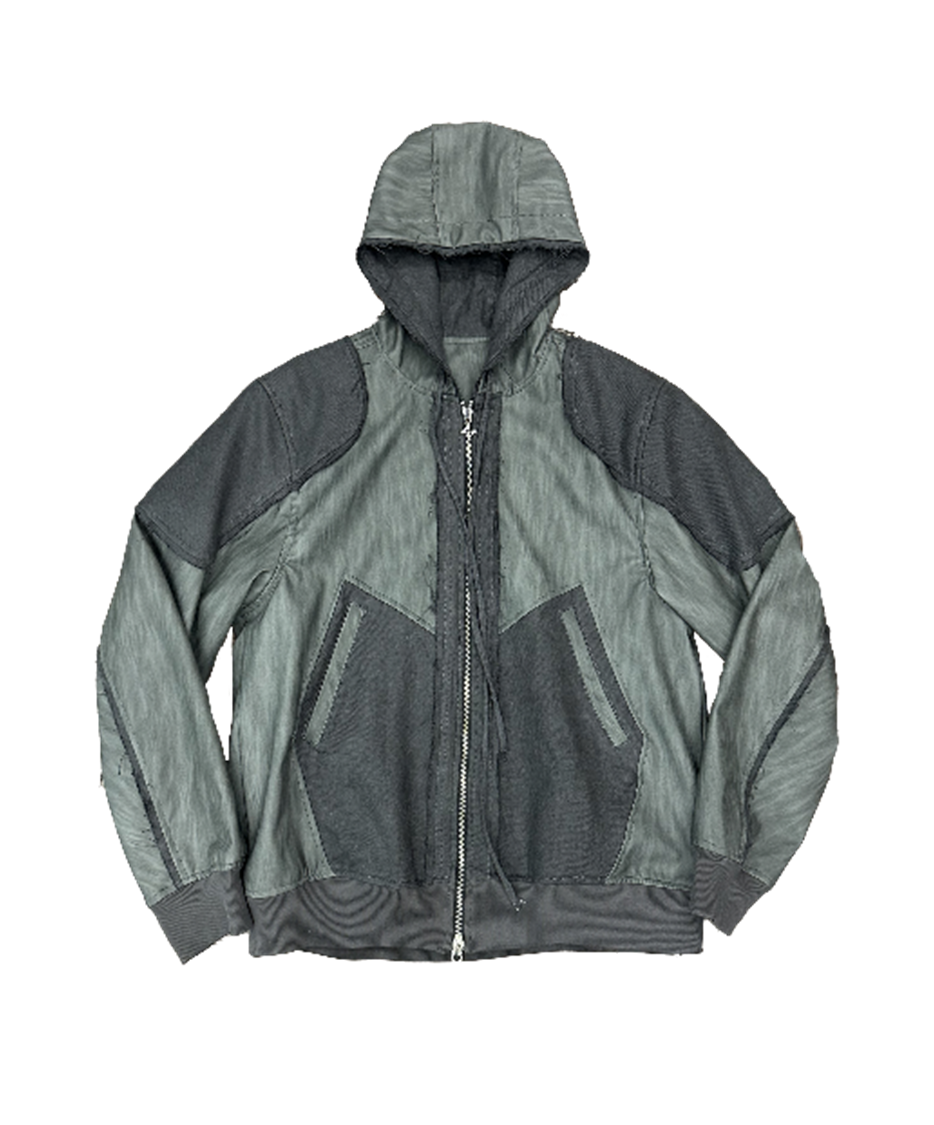 Destroyed Leather and Linen Hoodie Zip-up Jacket
