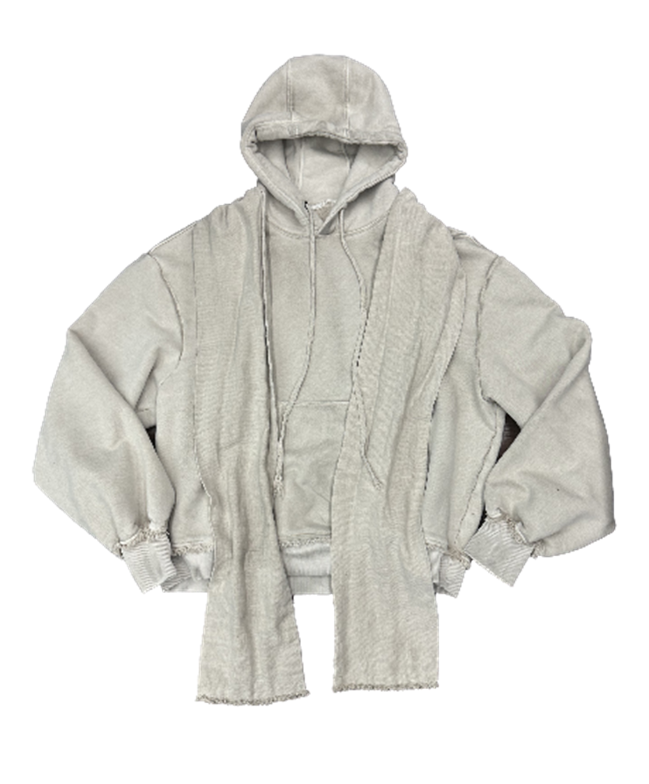 Dyed Raw-edged Hoodie with Linen Muffler