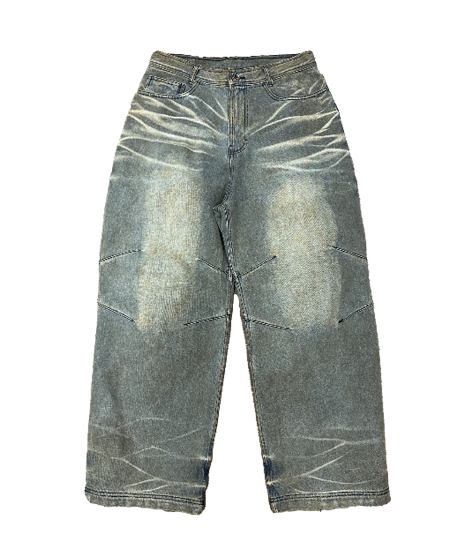Embossed Wave Washing Wide Denim Pants