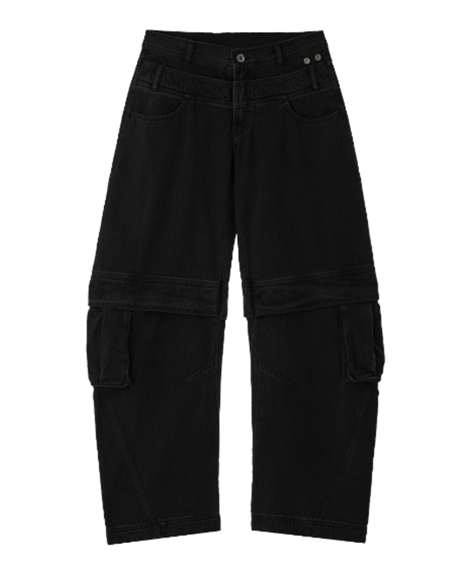 Divided Curved Line Double Buckle Pants Black