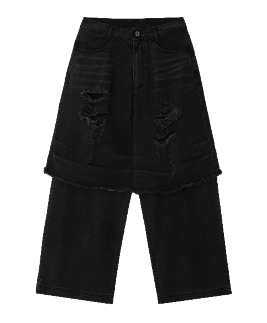 Destroyed Vintage Double Denim Pants